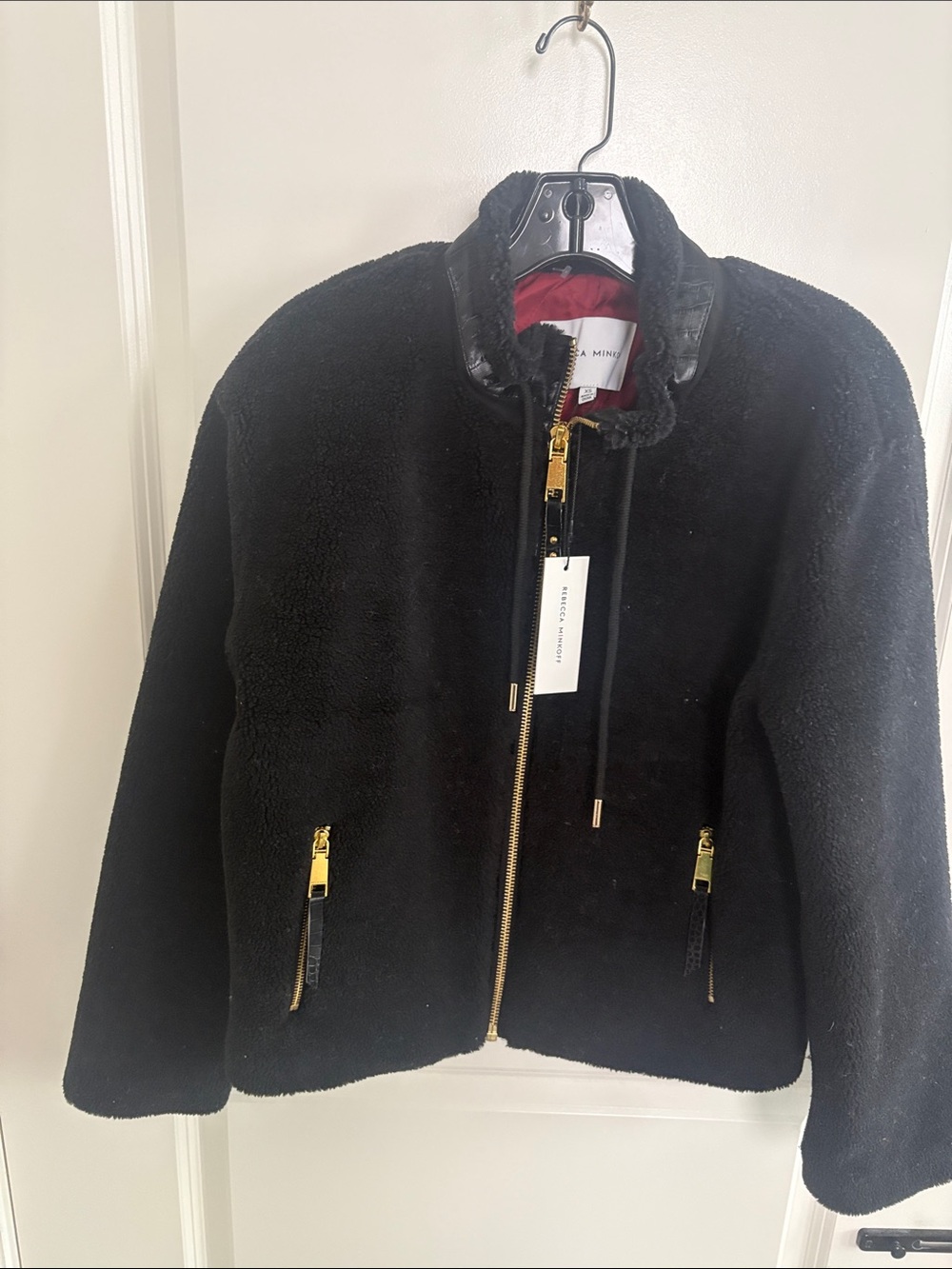 Rebecca Minkoff Black Sherpa Bomber Jacket with Gold Hardware, brand new